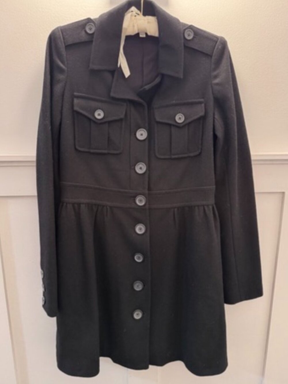 Joie Black Wool Coat, Fit Flare Military Button Front Jacket, Small, Like New